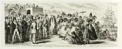 Probable Effects of Over Female Emigration, or Importing the Fair Sex from the Savage Islands in Consequence of Exporting All Our Own to Australia!!!!! from George Cruikshank's Steel Etchings to The Comic Almanacks: 1835-1853