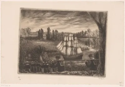 Processie met modelschepen in een landschap