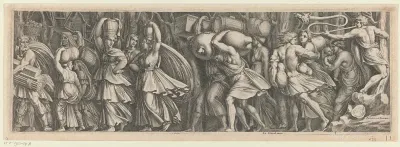 Processie van mannen en vrouwen met proviand