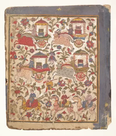 Procession of Carriages Carrying Booty: Page from a Dispersed Bhagavata Purana Manuscript
