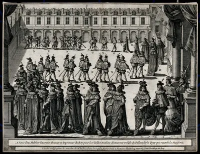 Procession of courtiers to the chapel of Fontainebleau, to be knighted