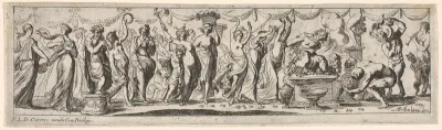 Procession of draped female dancers, women bearing baskets, and male musicians, at right a satyr lies bound on a pyre, from a series of twelve frieze-like designs showing bacchanals, sacrifices, and dances