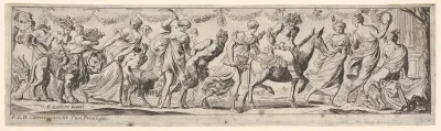 Procession of draped women leading captives and animals, at left Envy rides a lion, at right Silenus rides a donkey, from a series of twelve frieze-like designs showing bacchanals, sacrifices, and dances