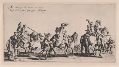 Procession of Roma men, women, and children on horseback and on foot