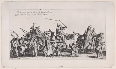 Procession of Roma men, women, and children with horse-drawn cart