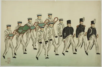 Procession of Russian Officers and Soldiers with Gifts, from the Album of seven prints of Russian Army and Warship (Roshia seigi shashin kan)