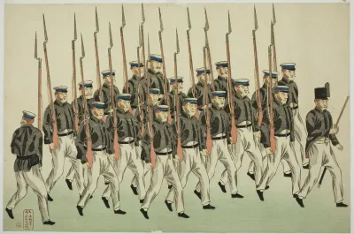 Procession of Russian Soldiers with Bayonets, from the Album of seven prints of Russian Army and Warship (Roshia seigi shashin kan)