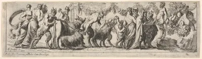 Procession of satyrs and draped figures leading two goats and cow to sacrifice, at right the figure of Pan stands on a rocky pedestal, from a series of twelve frieze-like designs showing bacchanals, sacrifices, and dances