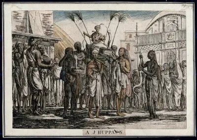 Procession with seated figure carried on a stretcher, with snakes, Calcutta, West Bengal