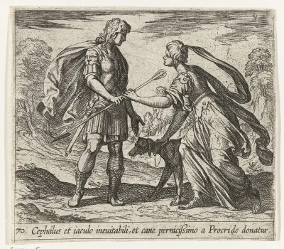 Procris geeft Cephalus een hond en een magische speer