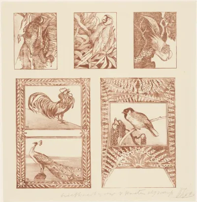 Proefblad voor briefkaarten met vogels