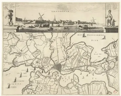 Profiel van Amsterdam met een kaart van de blokkade door de troepen van Willem II, 1650