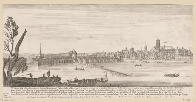 Profiel van de stad Nevers met links op de voorgrond een boom