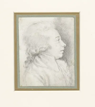 Profielportret van een jonge man met pruik