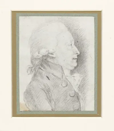 Profielportret van een oudere man met pruik