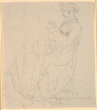 Profilbillede af kunstnerens anden hustru Juliane Marie Abildgaard f. Ottesen, siddende med sytøj, hel figur