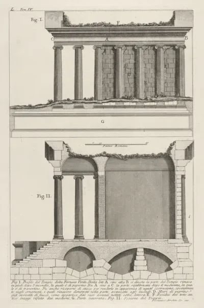 Profile of the Temple of Fortuna Virilis (Profilo del Tempio della Fortuna Virile), and section of the temple, from "Le Antichità Romane"