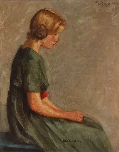 Profile portrait of a seated young girl.