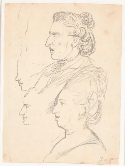 Profilportrætter af dronning Caroline Mathilde, J.F. Struensee og Enevold Brandt, samt et udkast, muligvis af Juel selv. Alle i profil mod venstre