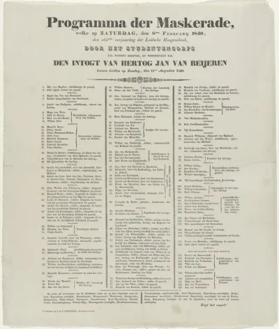 Programma der Maskerade, welke op Zaturdag, den 8sten Februarij 1840, den 265sten verjaardag der Leidsche Hoogeschool, door het studentencorps zal worden gegeven, en voorstellen zal Den Intogt van Hertog Jan van Beijeren binnen Leiden op Zondag, den 