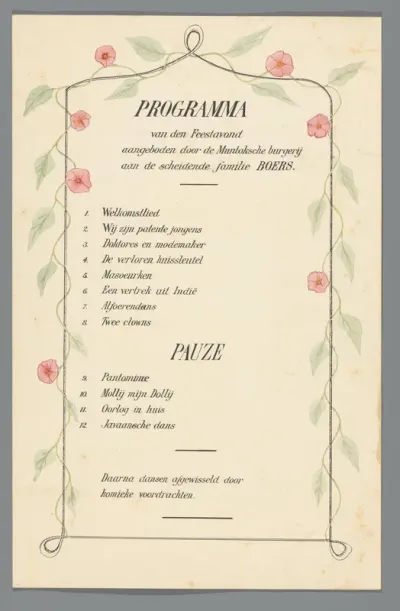 Programma van den Feestavond aangeboden door de Muntoksche burgerij aan de scheidende familie Boers