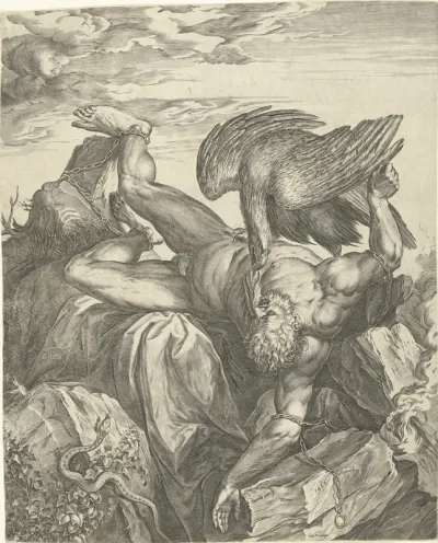 Prometheus aan de rotsen van de Kaukasus geketend / Tityus in de hel