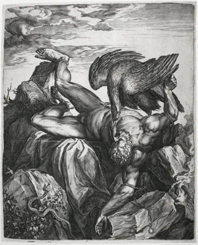 Prometheus aan de rotsen van de Kaukasus geketend / Tityus in de hel