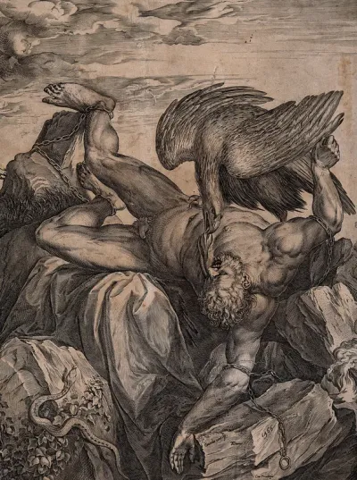 Prometheus bound to a rock, his liver eaten by an eagle