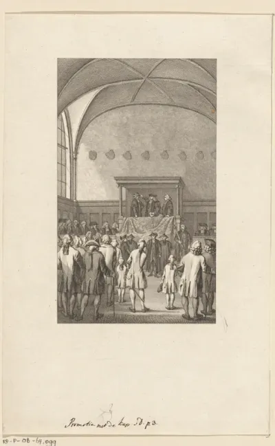 Promotie met de kap, bij gelegenheid van het Tweede Eeuwfeest van de Leidse Hogeschool, 1775