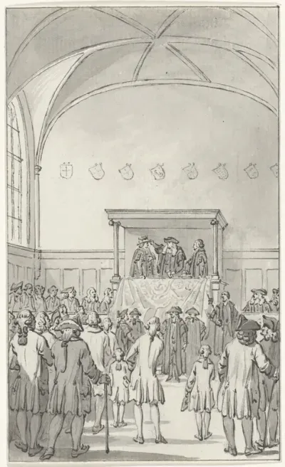 Promotie met de kap te Leiden ter gelegenheid van het tweede eeuwfeest van de Universiteit, 9 februari 1775