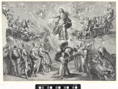 Promotieprent met H. Franciscus met drie globes op de schouders, bovenste deel