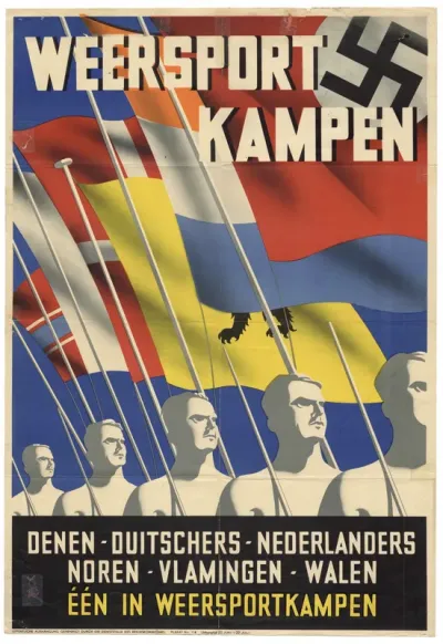 Propaganda voor de nationaal-socialistische Weersportkampen, die de nationaliteiten zal verenigen: "Weersport Kampen. Denen-Duitschers-Nederlanders-Noren-Vlamingen-Walen één in Weersportkampen".