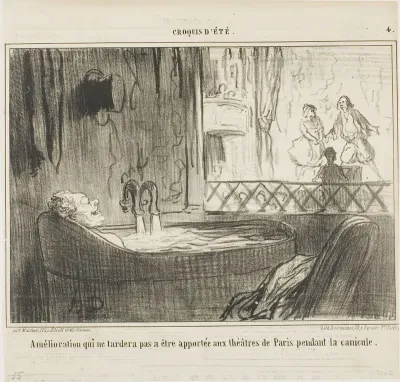 Proposal for improvement for the theatres in Paris, which will not fail to have its effect during the dog days, plate 4 from Croquis d’Été