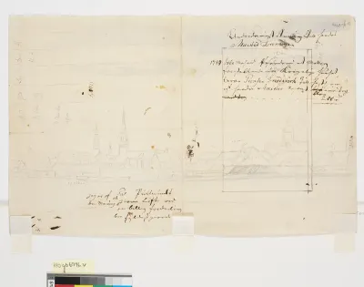 Prospekt af København (et stykke indrammet med blyantstreg) og en brevkladde ( regning?) dat. 1789