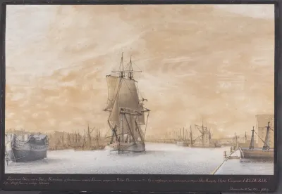 Prospekt af Nyholm; et fragtskib sejler op gennem havnen.