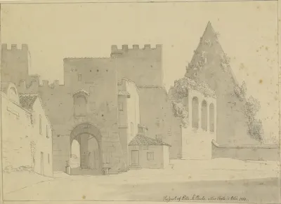 Prospekt af Porta S.Paolo og Piramide di Caio Cestio set fra bysiden, Rom.