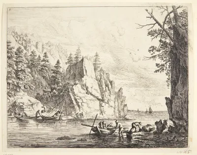 Prospekt af Rhinen, både lastes ved flodbredden