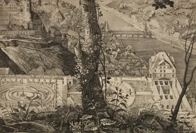 Prospekt fra Heidelbergs slotshave "Hortus Palatinus" (Scenographia Hortvs Palatinvs A Friderico Rege Boemiae Electore Palatino Heidelbergae Exstrvctvs) (nedre højre del)