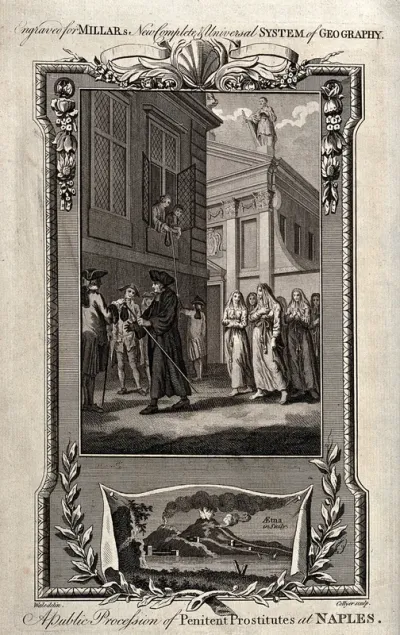Prostitutes being led through the streets of Naples watched by men from the side and from a window