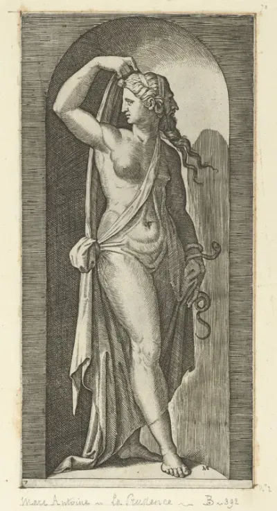 Prudence personified by a woman standing in a niche, holding a shawl in her right hand, a snake coiled around her left, from "The Virtues"