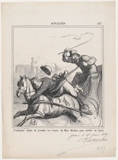 Prudhomme obliged to take lessons from Miss Menken in order to stop a cab, from 'News of the day,' published in Le Charivari, July 1, 1867