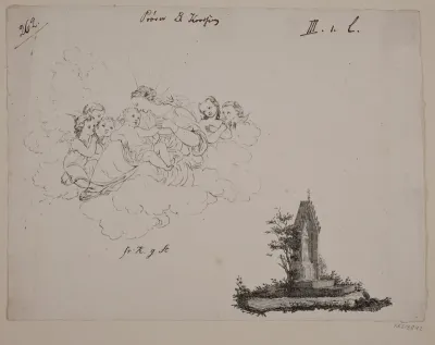 Prøveblad, t.v. Madonna i skyerne, t.h. et gravmæle