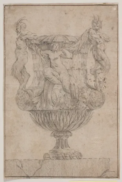 Prydvase med Pan, faun og nymfe. Kopi efter Pl. 14 i suiten af de i 1746 af Saly tegnede vaser. "Vasa a se inventa..."