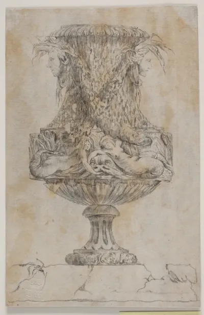 Prydvase med to hoveder og to vandnymfer. Kopi efter Pl. 20 i suiten af de i 1746 af Saly tegnede vaser. "Vasa a se inventa..."