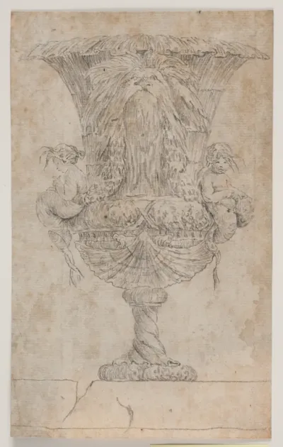 Prydvase med to putti (havfruer?). Kopi efter redering (pl. 9) i suiten af de i 1746 af Saly tegnede vaser. "Vasa a se inventa...".