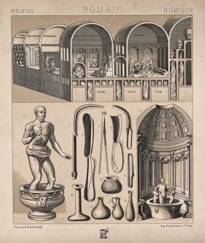 Public and private bathing facilities in ancient Rome: fourteen figures, including a public bath complex, Seneca standing in a small ornamental bath, a father and his children bathing together, and a selection of bathing implements and strigils