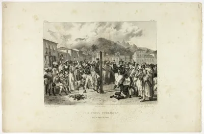 Public Punishment in the Place Sainte Anne, plate 15 from Customs and traditions of the Negroes, volume 4 of Voyage pittoresque dans le Brésil