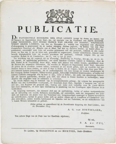 Publicatie over de inschrijving bij de Landmilitie, 1813