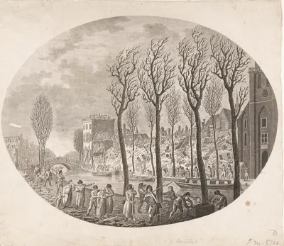 Puinhopen aan het Rapenburg na de ramp van Leiden