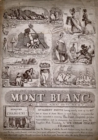 Puns, puppets of Shakespearian characters, fashions in bonnets, the Egyptian Hall in Piccadilly, etc., representing Albert Smith's performance 'Ascent of Mont Blanc'